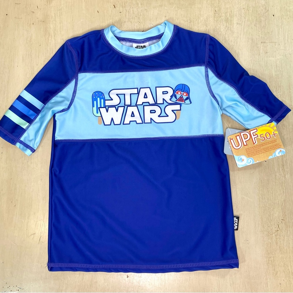 Star Wars Rash Guard Shirt Blue Boys Size 7/8 Swim UFP 50 Disney Store